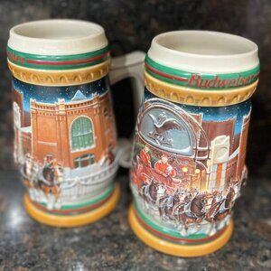 Vintage 1997 BUDWEISER HOLIDAY BEER MUG SET OF 2
